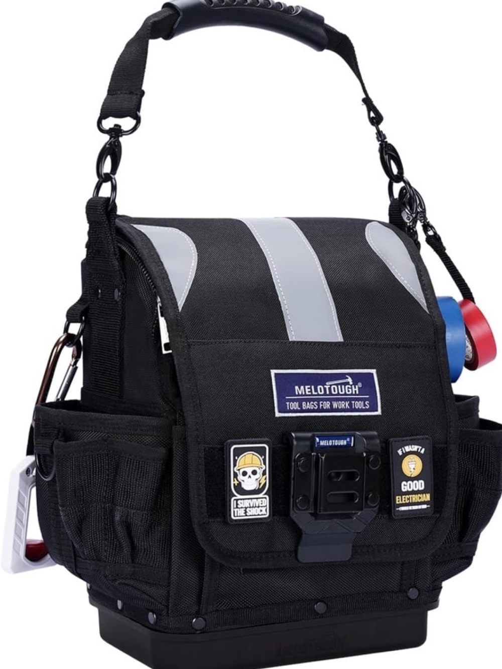 New! MELOTOUGH Black Reflective Electrician Open Top Tool Bags with Hard Bottom
